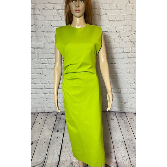 Sold - NWT New Zara Shoulder Pad Draped Sleeveless Green Dress Size M - Picture 2 of 14